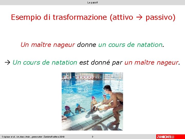Le passif Esempio di trasformazione (attivo passivo) Un maître nageur donne un cours de