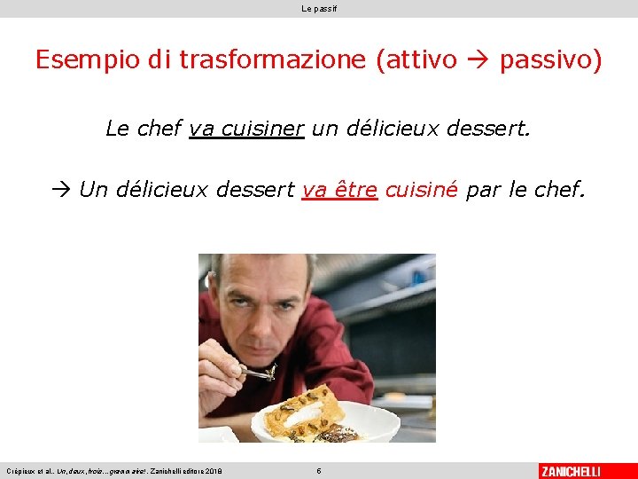 Le passif Esempio di trasformazione (attivo passivo) Le chef va cuisiner un délicieux dessert.