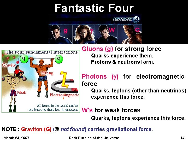 Fantastic Four g g W G Gluons (g) for strong force Quarks experience them.