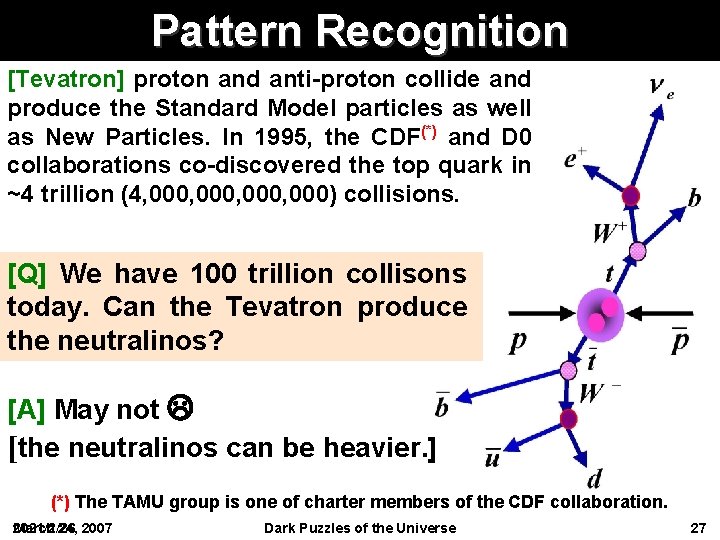 Pattern Recognition [Tevatron] proton and anti-proton collide and produce the Standard Model particles as