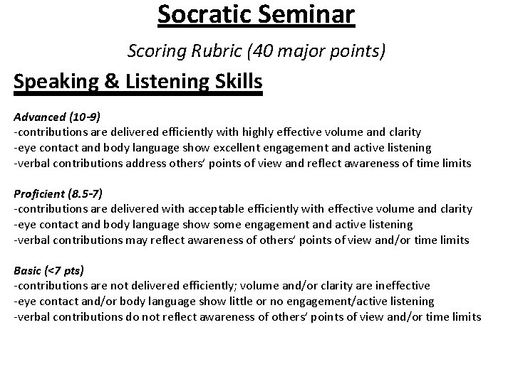 Socratic Seminar Scoring Rubric (40 major points) Speaking & Listening Skills Advanced (10 -9)