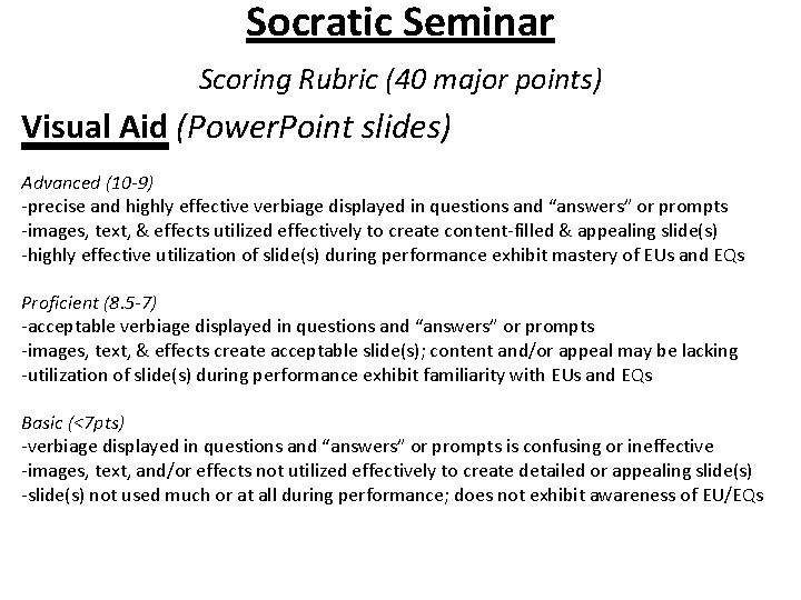 Socratic Seminar Scoring Rubric (40 major points) Visual Aid (Power. Point slides) Advanced (10