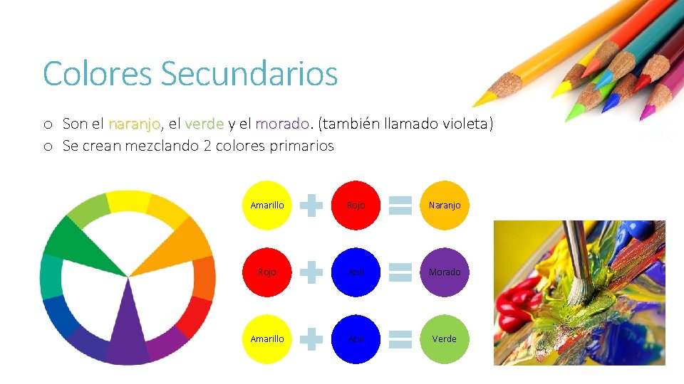 Colores Secundarios o Son el naranjo, naranjo el verde y el morado (también llamado