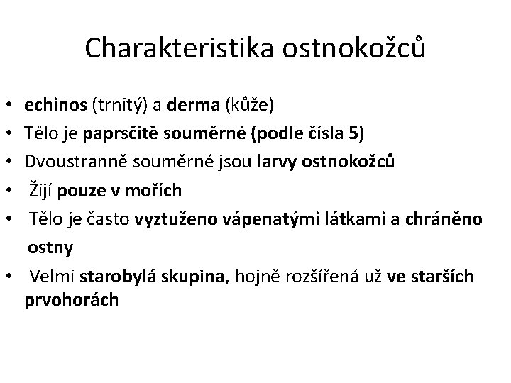 Charakteristika ostnokožců echinos (trnitý) a derma (kůže) Tělo je paprsčitě souměrné (podle čísla 5)