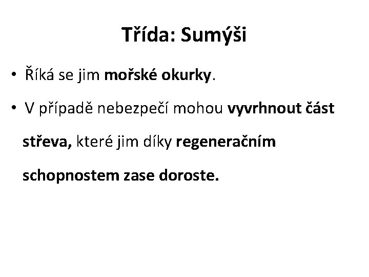 Třída: Sumýši • Říká se jim mořské okurky. • V případě nebezpečí mohou vyvrhnout