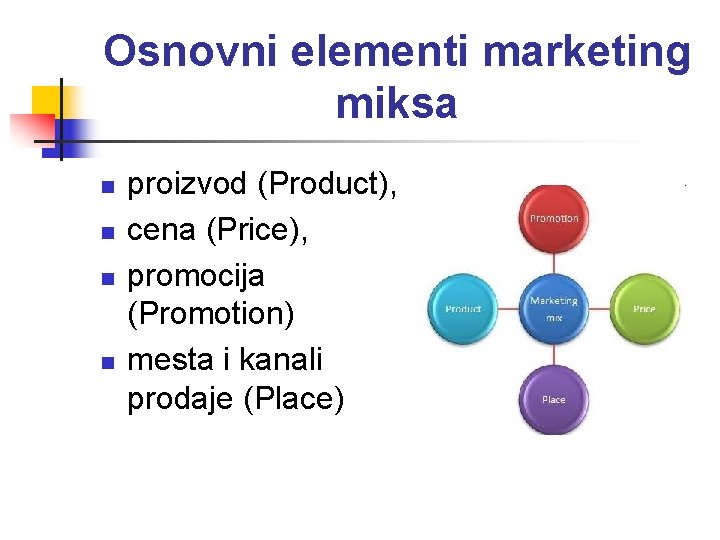 Osnovni elementi marketing miksa n n proizvod (Product), cena (Price), promocija (Promotion) mesta i