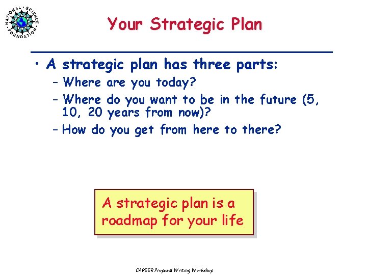 Your Strategic Plan • A strategic plan has three parts: – Where are you