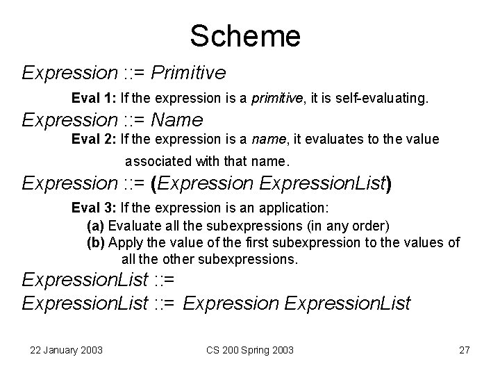 Scheme Expression : : = Primitive Eval 1: If the expression is a primitive, Scheme Expression : : = Primitive Eval 1: If the expression is a primitive,