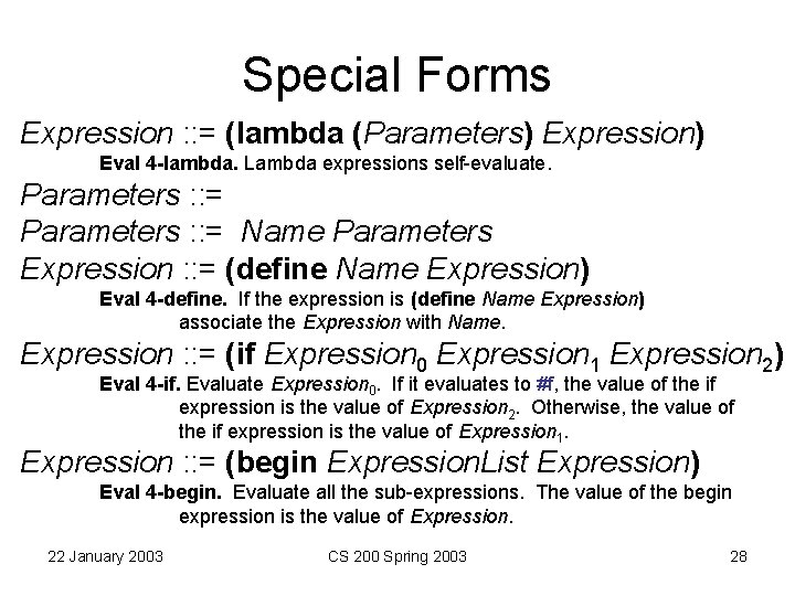 Special Forms Expression : : = (lambda (Parameters) Expression) Eval 4 -lambda. Lambda expressions Special Forms Expression : : = (lambda (Parameters) Expression) Eval 4 -lambda. Lambda expressions