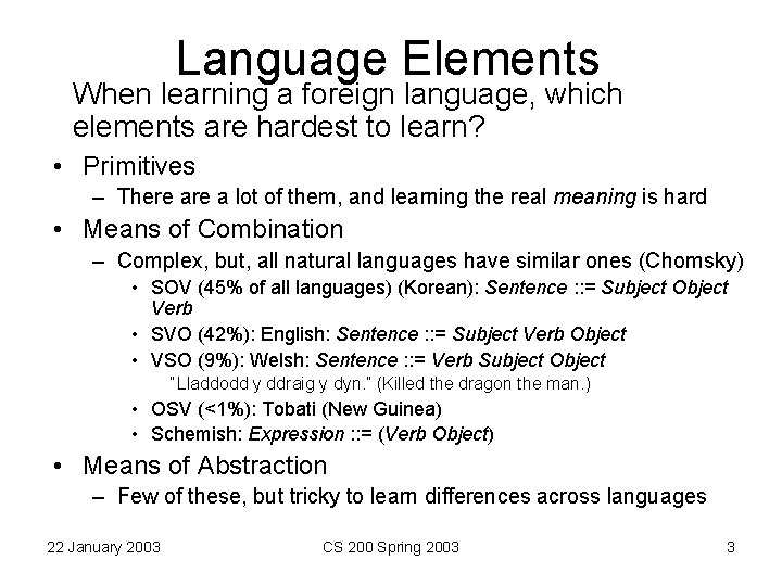 Language Elements When learning a foreign language, which elements are hardest to learn? • Language Elements When learning a foreign language, which elements are hardest to learn? •