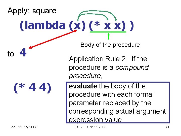 Apply: square (lambda (x) (* x x) ) to 4 (* 4 4) 22 Apply: square (lambda (x) (* x x) ) to 4 (* 4 4) 22