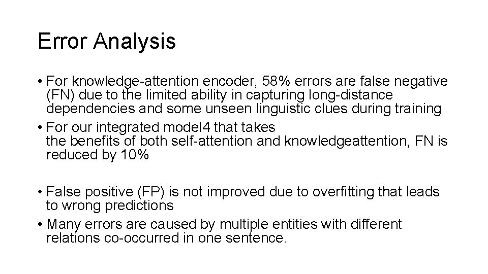 Error Analysis • For knowledge-attention encoder, 58% errors are false negative (FN) due to