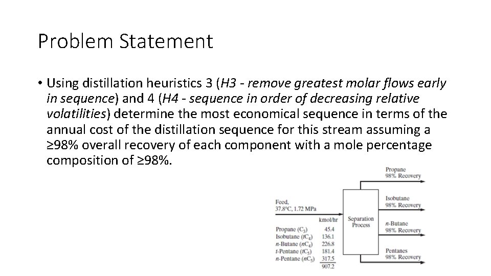 Problem Statement • Using distillation heuristics 3 (H 3 - remove greatest molar flows