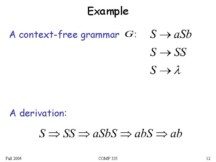 Example A context-free grammar : A derivation: Fall 2004 COMP 335 12 