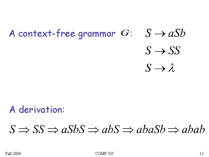 A context-free grammar : A derivation: Fall 2004 COMP 335 13 