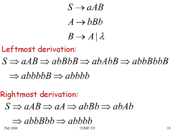Leftmost derivation: Rightmost derivation: Fall 2004 COMP 335 19 