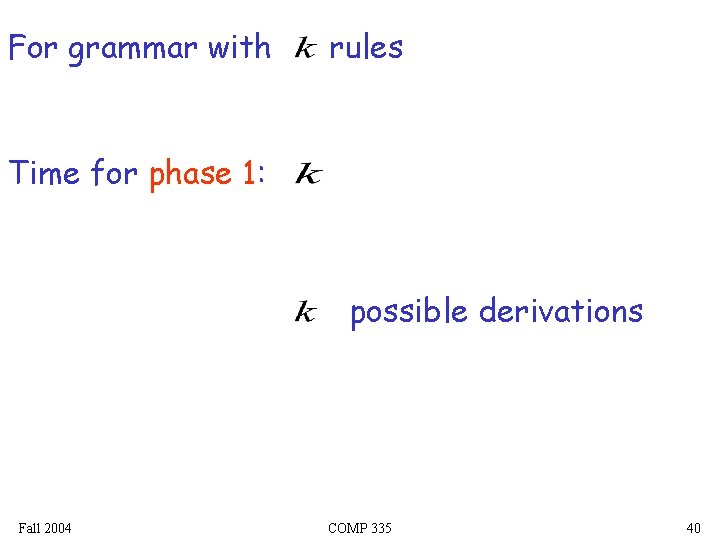 For grammar with rules Time for phase 1: possible derivations Fall 2004 COMP 335