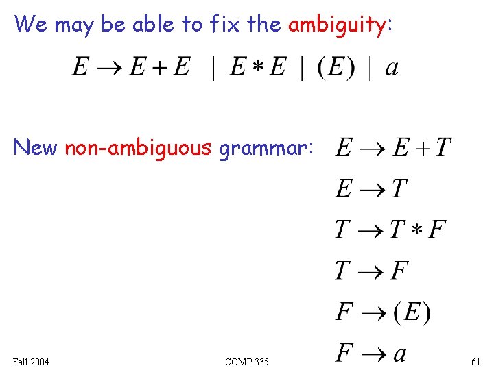 We may be able to fix the ambiguity: New non-ambiguous grammar: Fall 2004 COMP
