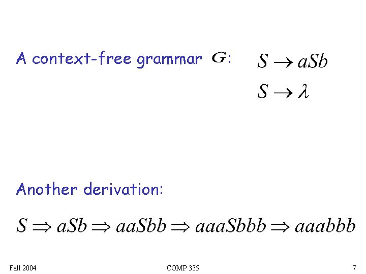 A context-free grammar : Another derivation: Fall 2004 COMP 335 7 