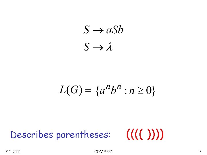 Describes parentheses: Fall 2004 COMP 335 (((( )))) 8 