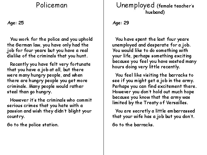 Policeman Unemployed (female teacher’s husband) Age: 25 Age: 29 You work for the police