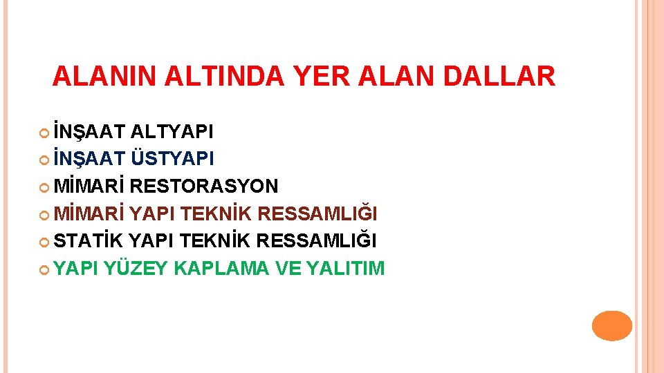 ALANIN ALTINDA YER ALAN DALLAR İNŞAAT ALTYAPI İNŞAAT ÜSTYAPI MİMARİ RESTORASYON MİMARİ YAPI TEKNİK