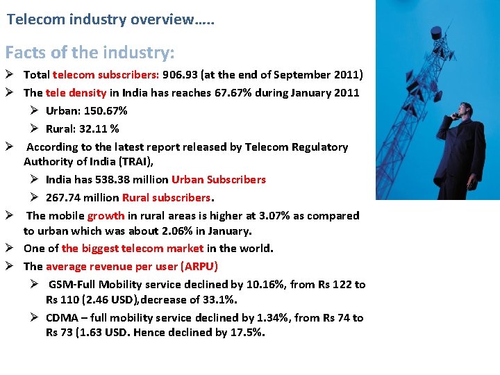 Telecom industry overview…. . Facts of the industry: Ø Total telecom subscribers: 906. 93