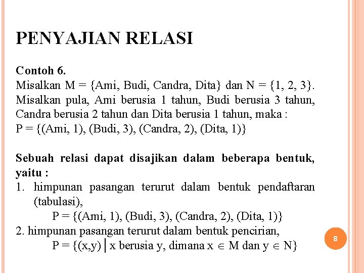 PENYAJIAN RELASI Contoh 6. Misalkan M = {Ami, Budi, Candra, Dita} dan N =