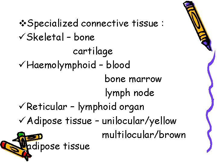 v. Specialized connective tissue : ü Skeletal – bone cartilage ü Haemolymphoid – blood