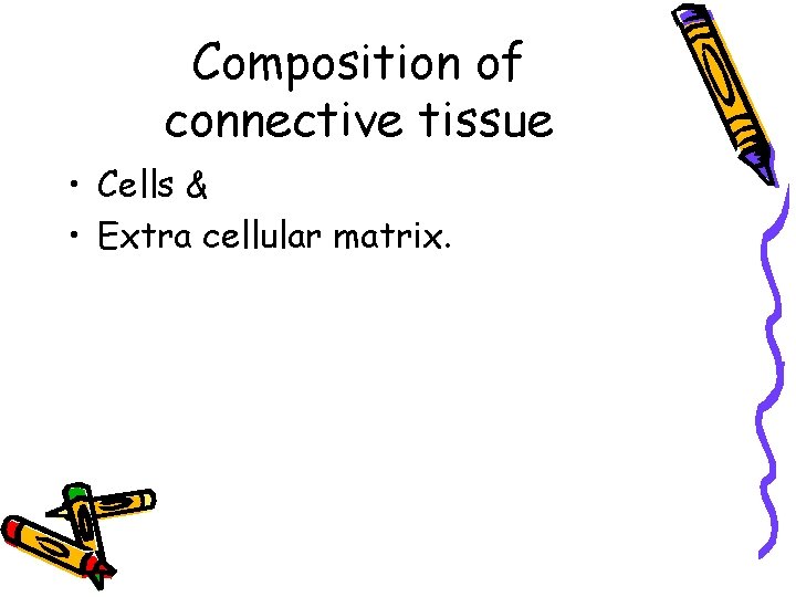 Composition of connective tissue • Cells & • Extra cellular matrix. 