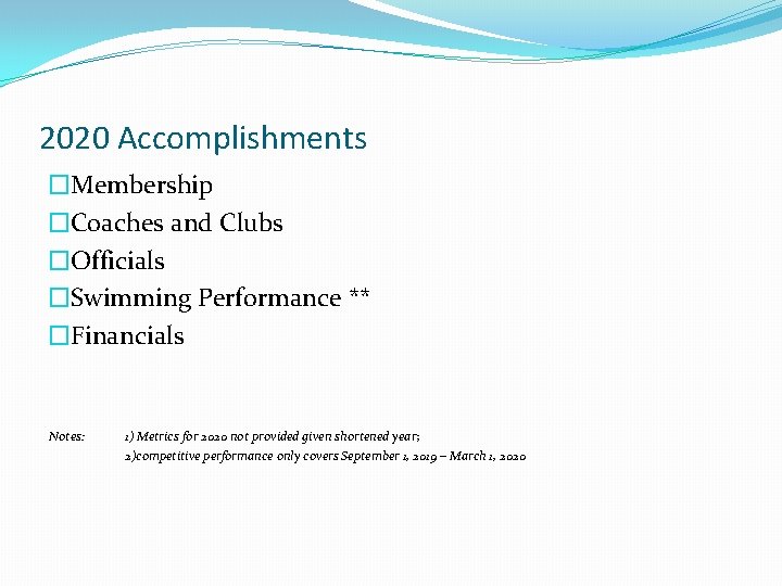 2020 Accomplishments �Membership �Coaches and Clubs �Officials �Swimming Performance ** �Financials Notes: 1) Metrics