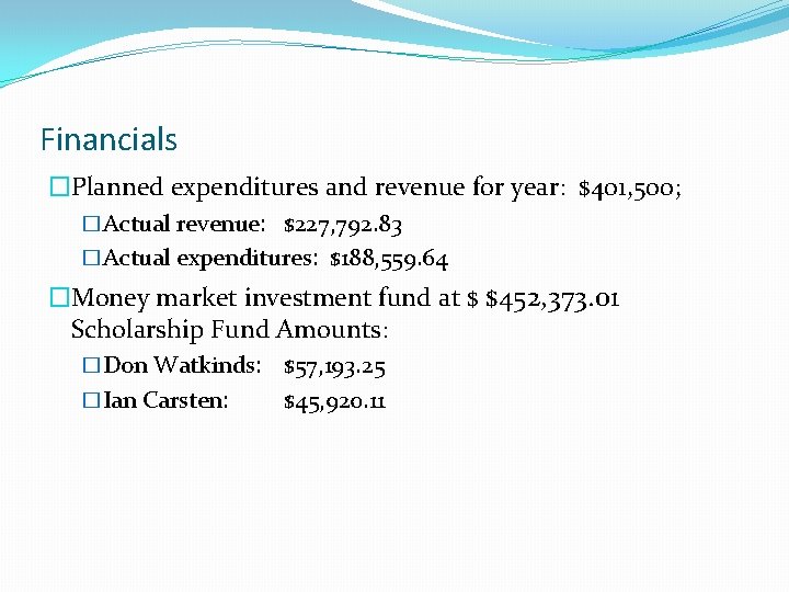 Financials �Planned expenditures and revenue for year: $401, 500; �Actual revenue: $227, 792. 83