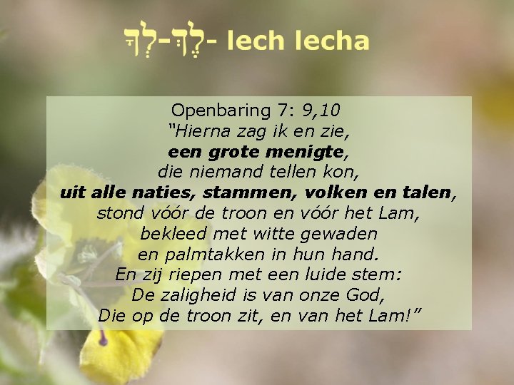 Openbaring 7: 9, 10 “Hierna zag ik en zie, een grote menigte, die niemand