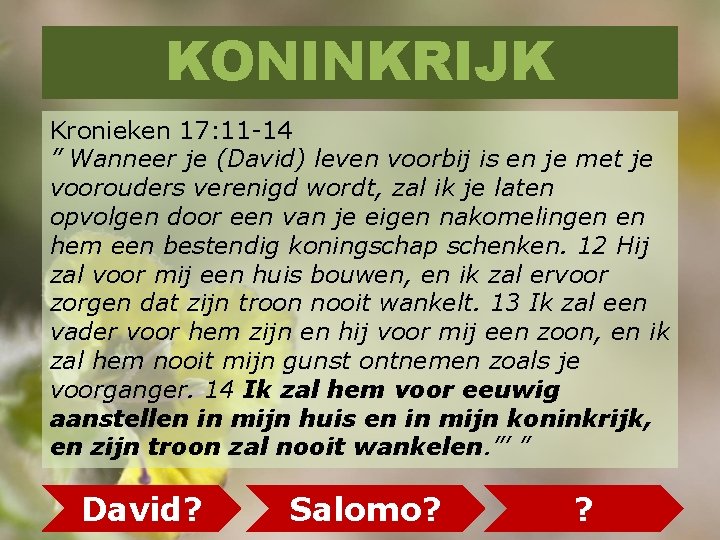 KONINKRIJK Kronieken 17: 11 -14 ” Wanneer je (David) leven voorbij is en je KONINKRIJK Kronieken 17: 11 -14 ” Wanneer je (David) leven voorbij is en je