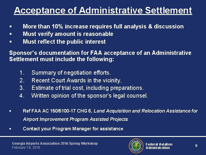 Acceptance of Administrative Settlement § § § More than 10% increase requires full analysis