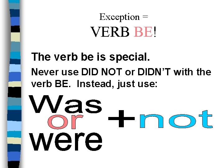 Exception = VERB BE! The verb be is special. Never use DID NOT or