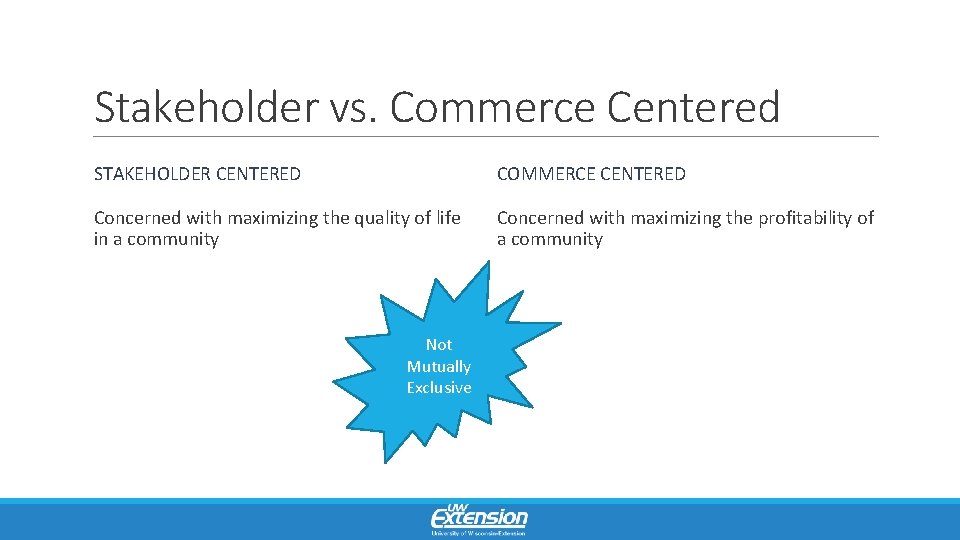 Stakeholder vs. Commerce Centered STAKEHOLDER CENTERED COMMERCE CENTERED Concerned with maximizing the quality of