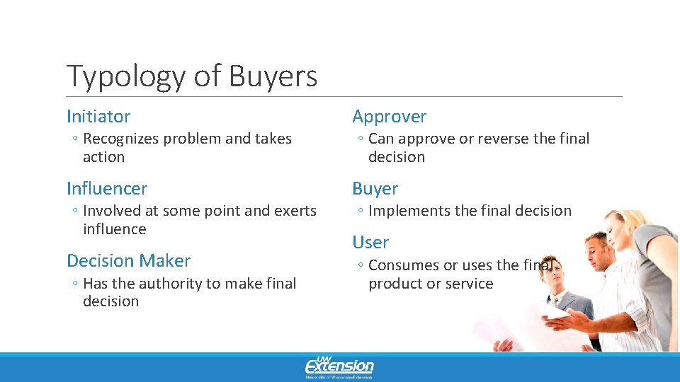 Typology of Buyers Initiator Approver Influencer Buyer ◦ Recognizes problem and takes action ◦