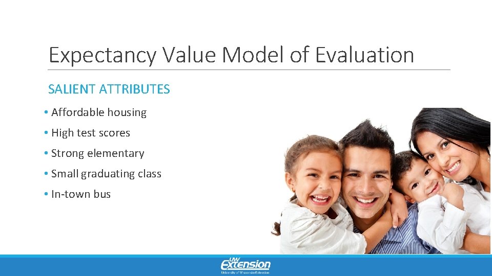 Expectancy Value Model of Evaluation SALIENT ATTRIBUTES • Affordable housing • High test scores