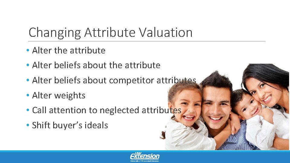 Changing Attribute Valuation • Alter the attribute • Alter beliefs about competitor attributes •