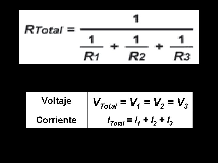 potecnia P=V*I (Wattios) Voltaje VTotal = V 1 = V 2 = V 3