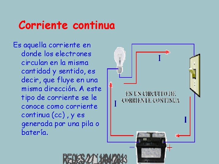 Corriente continua Es aquella corriente en donde los electrones circulan en la misma cantidad