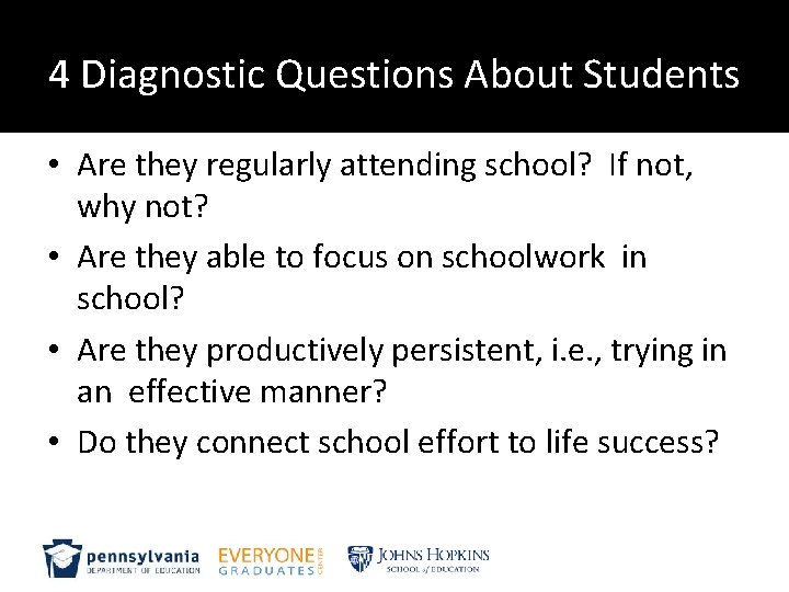 4 Diagnostic Questions About Students • Are they regularly attending school? If not, why