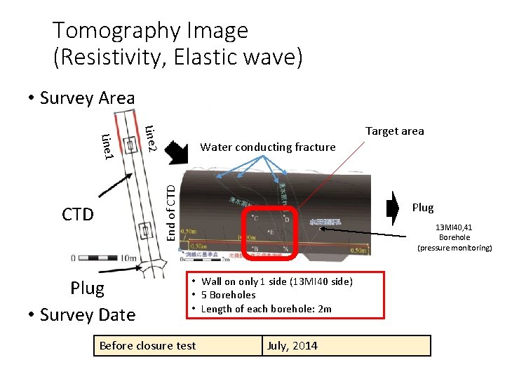 Tomography Image (Resistivity, Elastic wave) • Survey Area Line 2 Water conducting fracture End