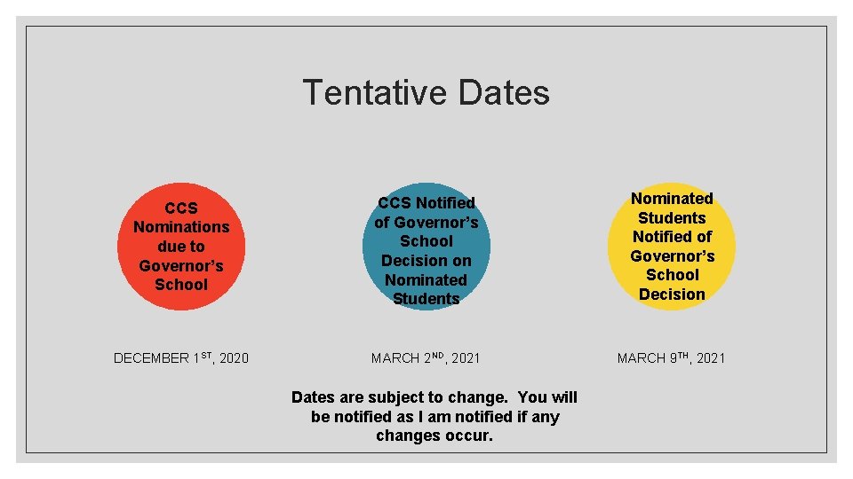 Tentative Dates CCS Nominations due to Governor’s School CCS Notified of Governor’s School Decision