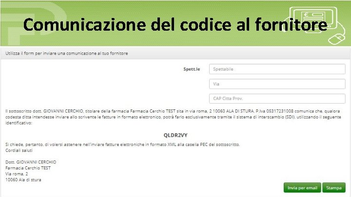 Comunicazione del codice al fornitore 