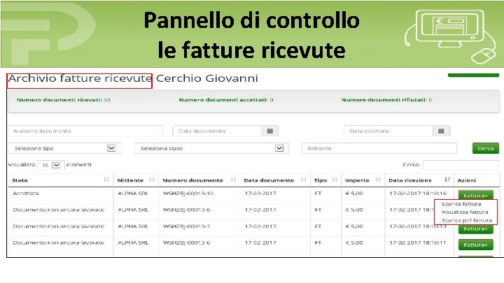 Pannello di controllo le fatture ricevute 