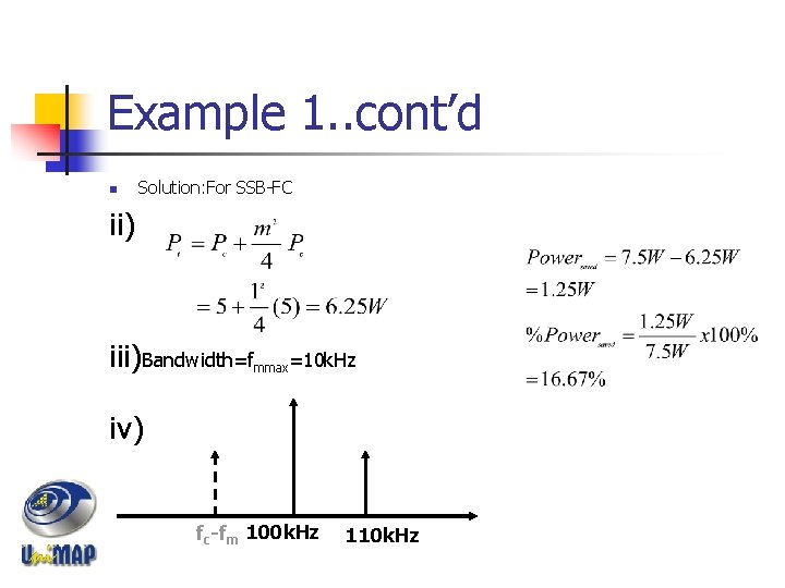 Example 1. . cont’d n Solution: For SSB-FC ii) iii)Bandwidth=fmmax=10 k. Hz iv) fc-fm