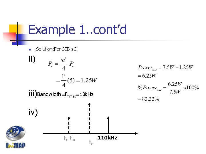 Example 1. . cont’d n Solution: For SSB-s. C ii) iii)Bandwidth=fmmax=10 k. Hz iv)