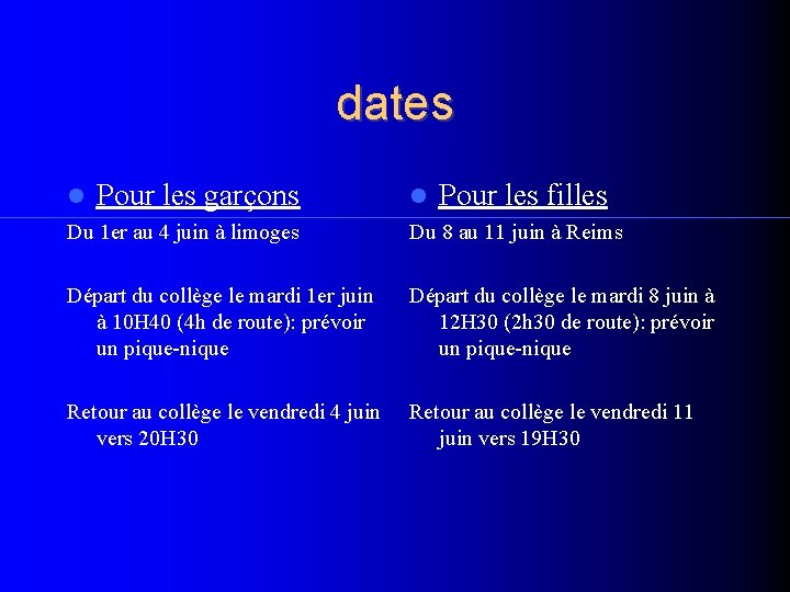 dates Pour les garçons Pour les filles Du 1 er au 4 juin à dates Pour les garçons Pour les filles Du 1 er au 4 juin à